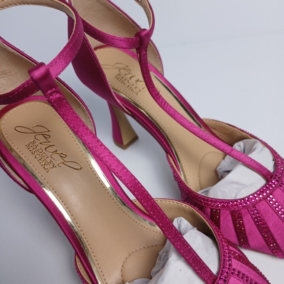 Jewel Badgley Mischka Mayra Fuchsia Pink Satin Crystal T-Strap Pumps Womens 6 - Picture 11 of 12